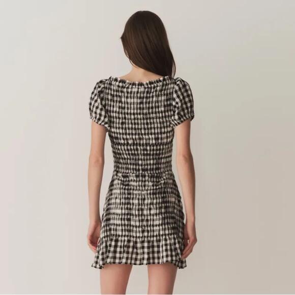 Doen Rizzo Linen Smocked Boat Neck Short Puff Sleeve Mini Dress Marilyn Gingham - Picture 3 of 16